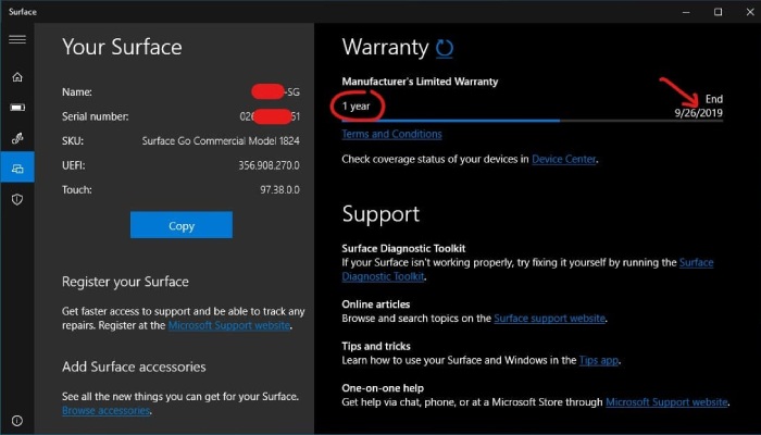 بررسی گارانتی با Surface app